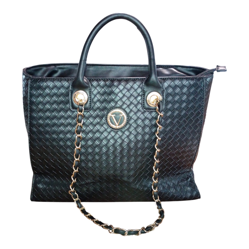 Black and Gold Leather Weaved Quilted Tote with Chain Strap
